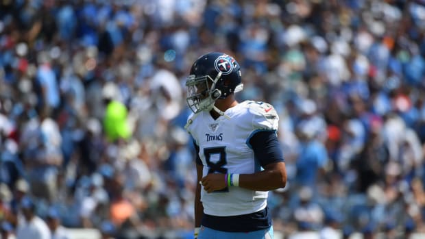 Tennessee Titans quarterback Marcus Mariota (8) during the first half against the Indianapolis Colts at Nissan Stadium.